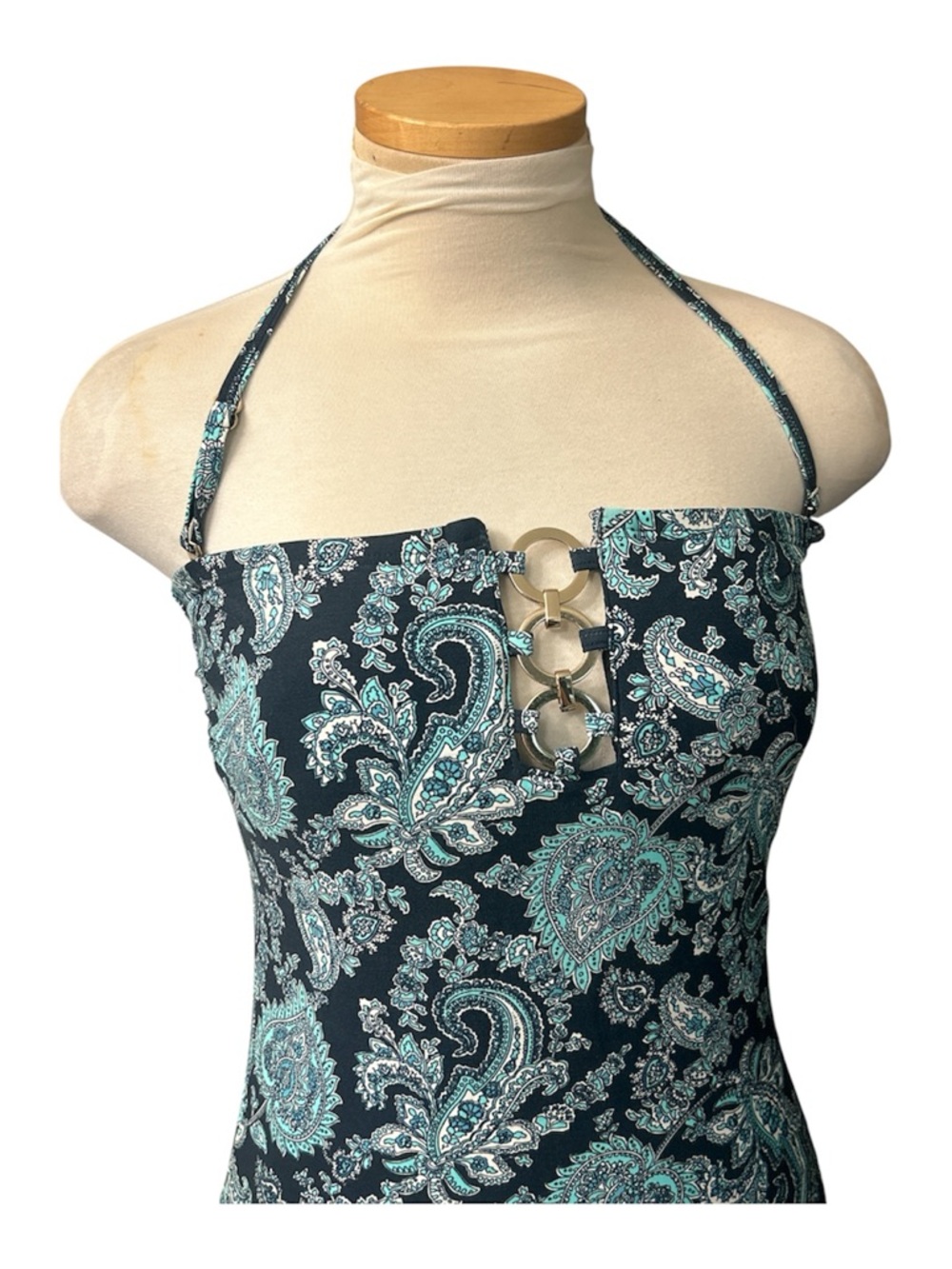 Michael Kors Navy Paisley One-Piece Swimsuit with Aqua Accents Size 12 - Picture 2 of 8